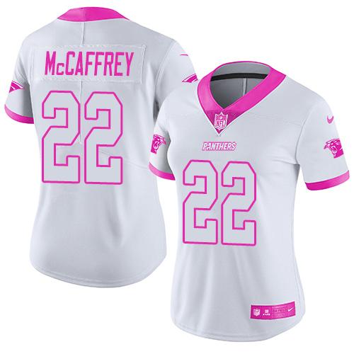 Nike Panthers #22 Christian McCaffrey White/Pink Women's Stitched NFL Limited Rush Fashion Jersey - Click Image to Close